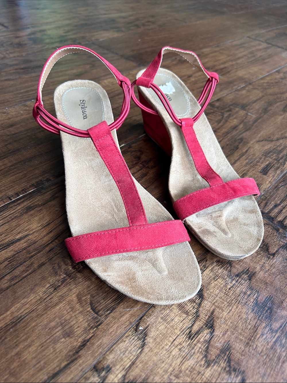 Style & Co. Red T-Strap Low Wedge Sandals